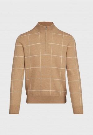 Paul Stuart 1/4 Cashmere Zip Windowpane Brown | NZ_PAUL31530
