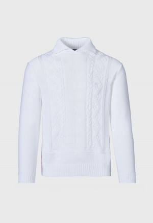 Paul Stuart Aran Cable Mock Neck Cotton White | NZ_PAUL44310