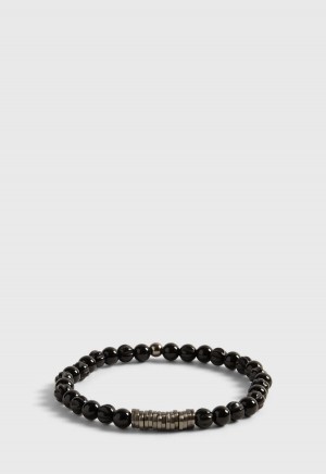 Paul Stuart Black Agate Beads with Black Rhodium Plated Sterling Silver Black | NZ_PAUL40204