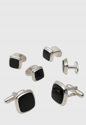 Paul Stuart Black Onyx Square Cufflink Stud Set Silver | NZ_PAUL60241