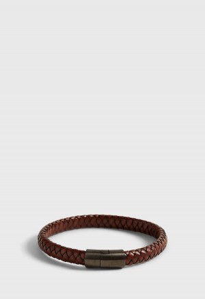 Paul Stuart Brown Braided Leather Bracelet with Sterling Silver closure Brown | NZ_PAUL85110