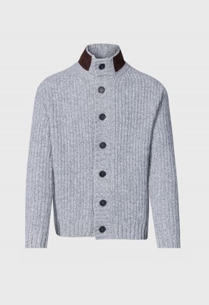 Paul Stuart Button Front Cardigan with Suede Trim Silver | NZ_PAUL83258