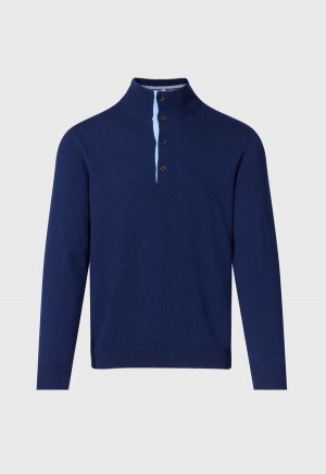 Paul Stuart Cashmere Button Mock Neck Navy | NZ_PAUL98460