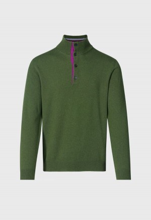 Paul Stuart Cashmere Button Mock Neck Olive | NZ_PAUL44754
