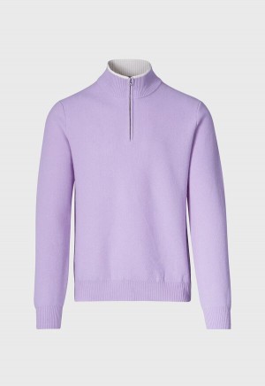 Paul Stuart Cashmere Honeycomb Stitch Quarter Zip Lavender | NZ_PAUL46407