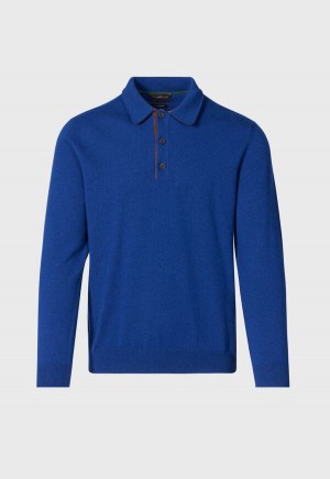 Paul Stuart Cashmere Long Sleeve Polo with Suede Blue / Olive | NZ_PAUL99689