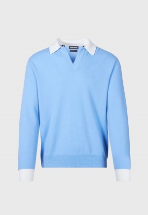 Paul Stuart Cashmere Open Collar Polo Light Blue | NZ_PAUL39327