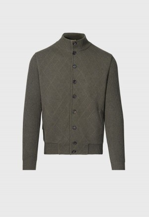 Paul Stuart Cashmere Quilted Button Front Cardigan Olive | NZ_PAUL44064