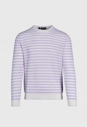 Paul Stuart Cashmere & Linen Striped Crewneck Lavender / White | NZ_PAUL85231