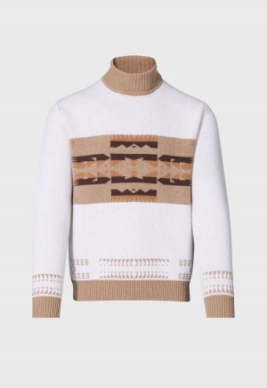 Paul Stuart Cashmere & Wool Intarsia Turtleneck Cream / Brown | NZ_PAUL94388