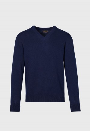 Paul Stuart Classic Cashmere Double Ply V-Neck Navy | NZ_PAUL63864