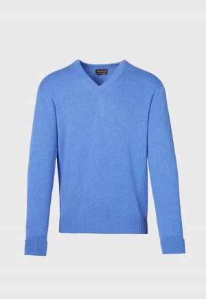 Paul Stuart Classic Cashmere Double Ply V-Neck Blue | NZ_PAUL94148