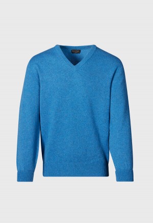Paul Stuart Classic Cashmere Double Ply V-Neck Blue | NZ_PAUL93142