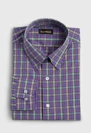 Paul Stuart Cotton Poplin Plaid Purple | NZ_PAUL16159