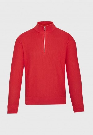 Paul Stuart Cotton Quarter Zip Rice Stitch Red | NZ_PAUL67267