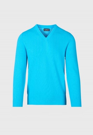 Paul Stuart Cotton V-Neck Light Turquoise | NZ_PAUL35711