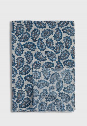 Paul Stuart Cotton & Linen Paisley Print Scarf White / Blue | NZ_PAUL70879
