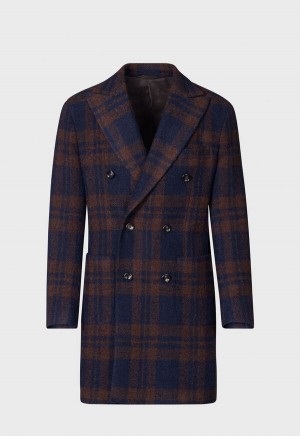 Paul Stuart Double Breasted Boucle Plaid Coat Navy / Brown | NZ_PAUL19954