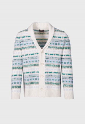 Paul Stuart Fair Isle Button Front Cardigan White / Green | NZ_PAUL30169