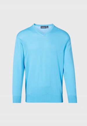 Paul Stuart Fine Gauge Cotton V-Neck Blue | NZ_PAUL74078