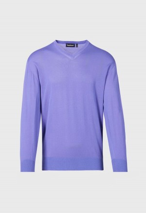 Paul Stuart Fine Gauge Cotton V-Neck Purple | NZ_PAUL79555