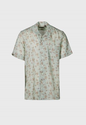 Paul Stuart Linen Leaf Print Camp Mint | NZ_PAUL56318
