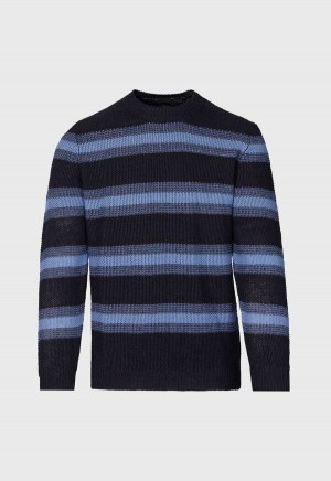 Paul Stuart Linen Mélange Stripe Crewneck Navy / Light Blue | NZ_PAUL61558