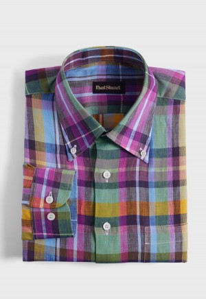 Paul Stuart Linen Multicolor Plaid Green / Pink | NZ_PAUL80361