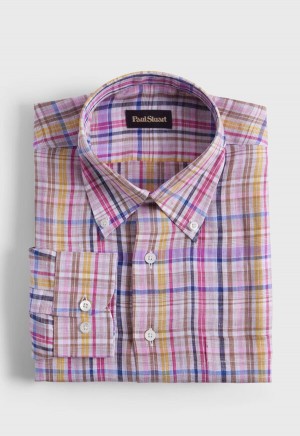 Paul Stuart Linen Multicolor Plaid Pink / Purple | NZ_PAUL22072
