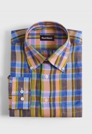 Paul Stuart Linen Plaid Orange / Green | NZ_PAUL67193