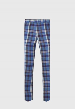 Paul Stuart Linen Plaid Plain Front Blue | NZ_PAUL70404