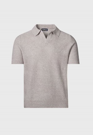 Paul Stuart Linen & Cotton Knit Open Collar Grey Brown | NZ_PAUL63971