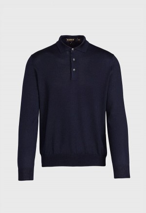 Paul Stuart Long Sleeve Merino Wool Polo Shirt Navy | NZ_PAUL46097