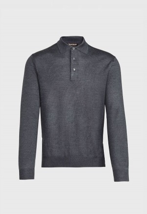 Paul Stuart Long Sleeve Merino Wool Polo Shirt Grey | NZ_PAUL96465