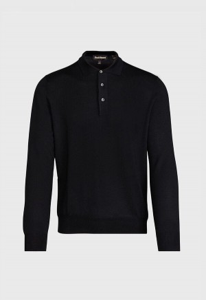 Paul Stuart Long Sleeve Merino Wool Polo Shirt Black | NZ_PAUL16473