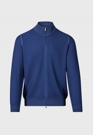 Paul Stuart Merino Wool Rice Stitch Zip Cardigan Blue | NZ_PAUL97412