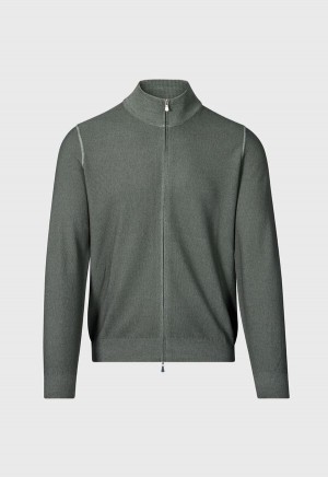Paul Stuart Merino Wool Rice Stitch Zip Cardigan Olive | NZ_PAUL58130