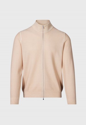 Paul Stuart Merino Wool Rice Stitch Zip Cardigan Beige | NZ_PAUL15574