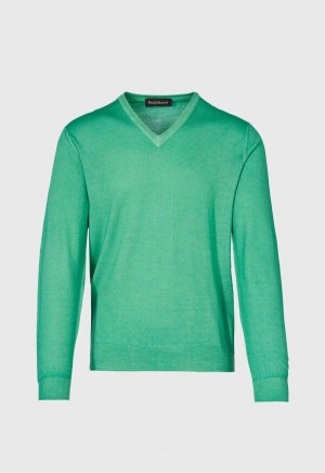 Paul Stuart Merino Wool Watercolor V-Neck Green | NZ_PAUL10718