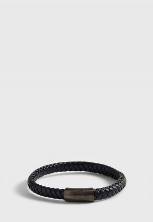 Paul Stuart Navy Braided Leather Bracelet with Sterling Silver closure Navy | NZ_PAUL93464