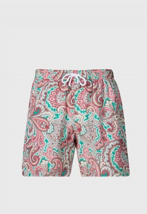 Paul Stuart Paisley Print Swim Trunk Green / Red | NZ_PAUL58578