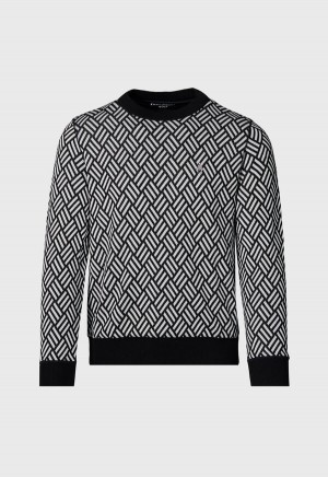 Paul Stuart Parquet Pattern Jacquard Crewneck Black | NZ_PAUL87560