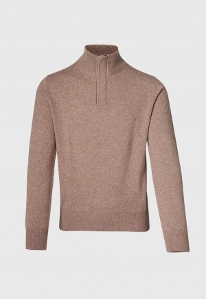 Paul Stuart Quarter Zip with Suede Trim Brown | NZ_PAUL22181