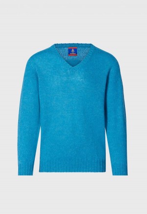 Paul Stuart Shetland Wool V-Neck Blue | NZ_PAUL62611