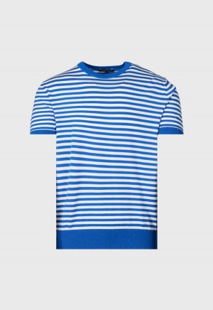 Paul Stuart Stripe Knit Short Sleeve Crewneck Blue / White | NZ_PAUL50373