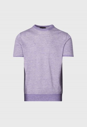 Paul Stuart Striped Short Sleeve Linen Crewneck Lavender | NZ_PAUL62400