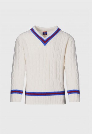 Paul Stuart Striped V-Neck Tennis White | NZ_PAUL48172