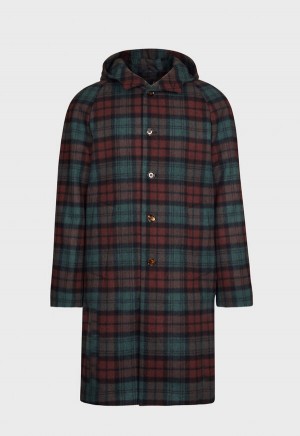 Paul Stuart Tartan Plaid Wool Hooded Coat Olive / Multicolor | NZ_PAUL43645