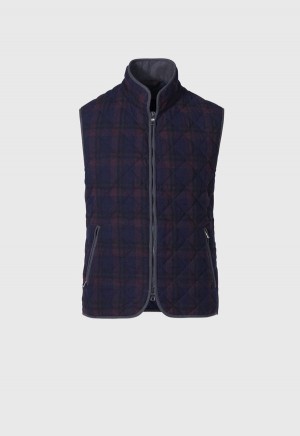 Paul Stuart Wool Plaid Quilted Vest Navy / Burgundy | NZ_PAUL26045