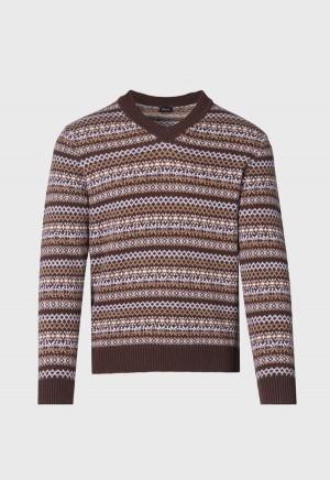 Paul Stuart Wool & Cashmere Fair Isle V-Neck Dark Brown | NZ_PAUL44266